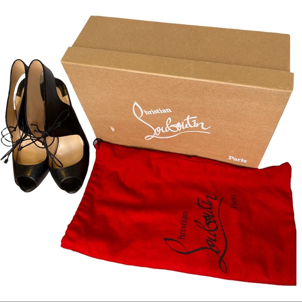 Black peep toe, tie strings Christian Louboutin in original red bag and box